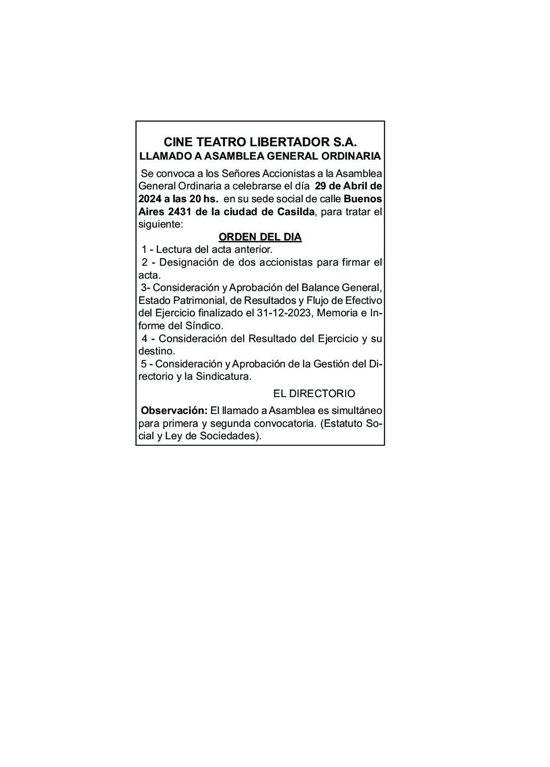 CINE TEATRO LIBERTADOR S.A. – LLAMADO A ASAMBLEA GENERAL ORDINARIA